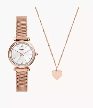 Carlie Three-Hand Rose Gold-Tone Stainless Steel Mesh Watch and Necklace Box Set