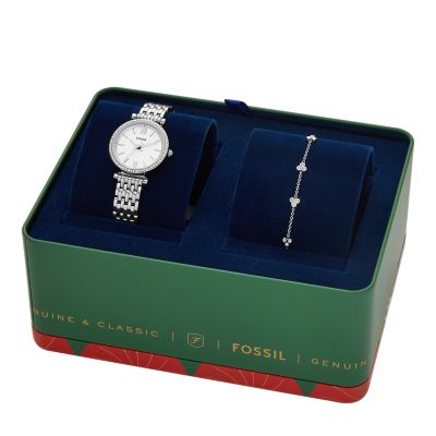 Carlie Three-Hand Stainless Steel Watch and Bracelet Box Set