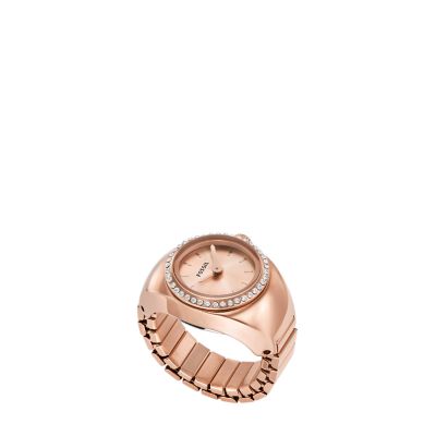 Bague-montre à deux aiguilles, en acier inoxydable, doré rose