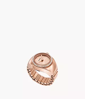 Bague-montre à deux aiguilles, en acier inoxydable, doré rose