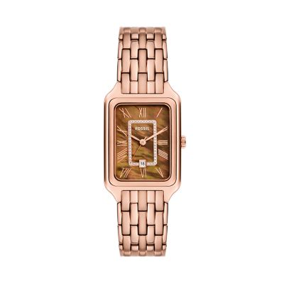 Reloj Raquel de acero inoxidable en tono oro rosa con tres agujas y fecha