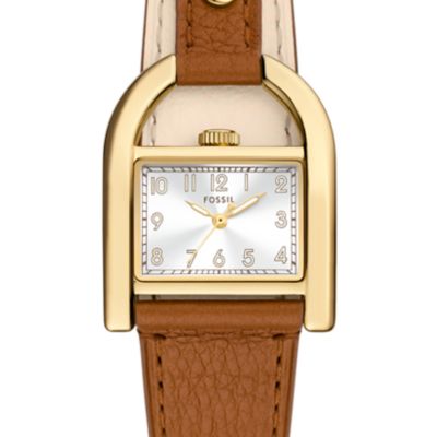 Reloj Harwell de piel LiteHide™ en tono marrón medio y blanco con tres agujas