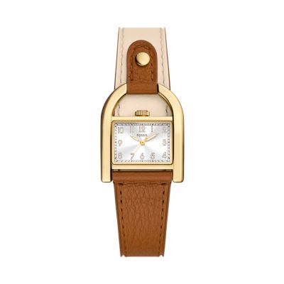Reloj Harwell de piel LiteHide™ en tono marrón medio y blanco con tres agujas
