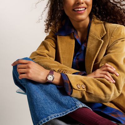 Harlow Three-Hand Burgundy Croco Leather Watch