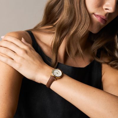 Carlie Mini Three-Hand Brown Leather Watch