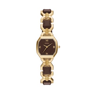 Harlow Three-Hand Brown Leather and Gold-Tone Stainless Steel Watch