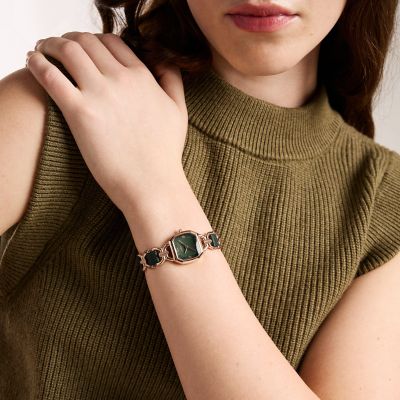 Harlow 22mm Three-Hand Green Leather and Rose Gold-Tone Stainless Steel Watch
