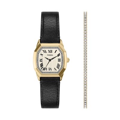 Harlow 27 mm Three-Hand Black Leather Watch and Bracelet Set