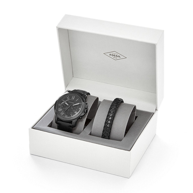 Grant Chronograph Black Leather Watch and Bracelet Set - Fossil