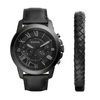 Herrenuhr Grant mit Armband im Set - Leder -Schwarz - Fossil