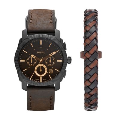 Coffret montre Machine chronographe en cuir marron et bracelet