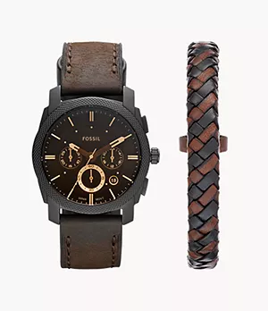 Coffret-cadeau avec montre chronographe Machine en cuir brun foncé et bracelet