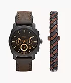Machine Chronograph Dark Brown Leather Watch and Bracelet Box Set