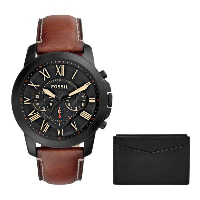 Grant Chronograph Light Brown Leather Watch and Card Case Box Set - Fossil