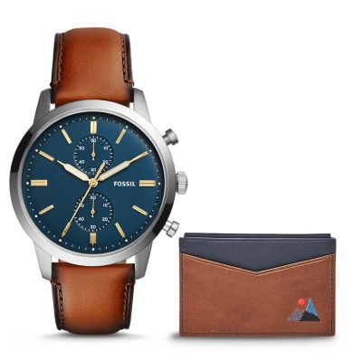 Townsman 44 mm Chronograph Brown Leather Watch and Wallet Box Set