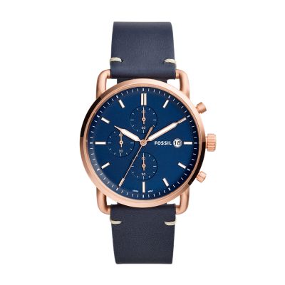 Fossil navy leather watch sale