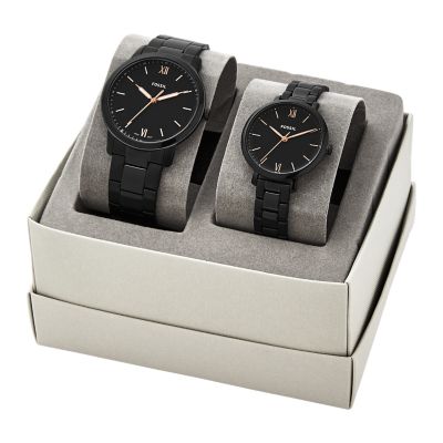 His and her chronograph black hot sale stainless steel watch gift set