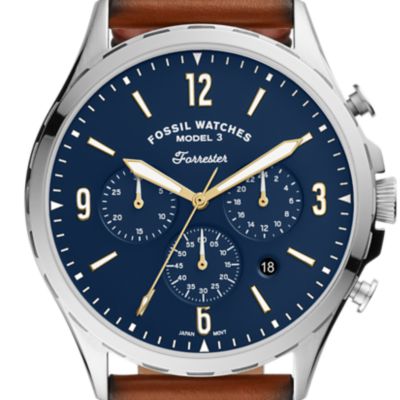 mens brown leather watch with blue face