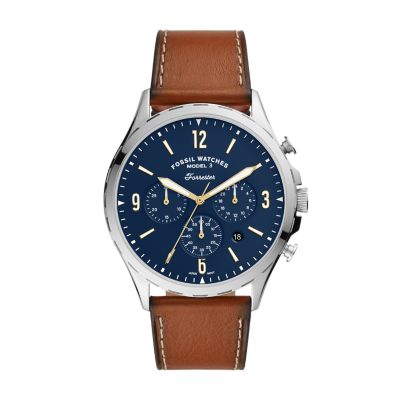 watch blue face brown strap