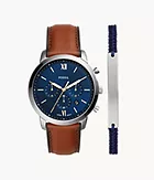 Coffret montre Neutra chronographe en cuir, brun clair, et bracelet