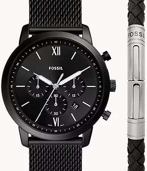 Coffret avec montre chronographe Neutra et bracelet en mailles d’acier inoxydable noir