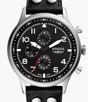 Retro Pilot Chronograph Black Eco Leather Watch