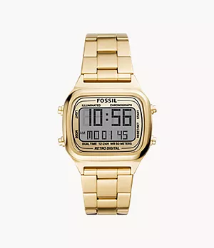 Retro Digital Gold-Tone Stainless Steel Watch