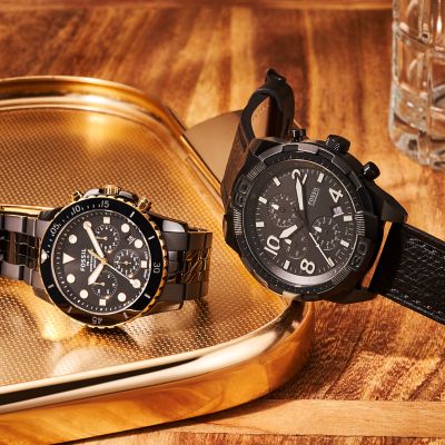 FS5874 Fossil Watch Leather Black - LiteHide™ - Chronograph Bronson