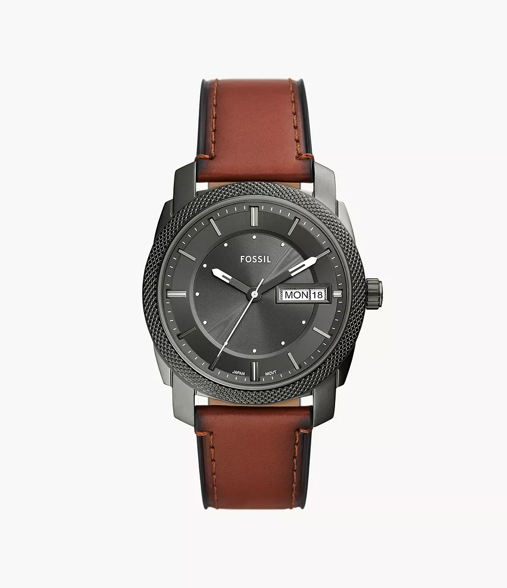 Image of Machine Three-Hand Date Brown Leather Watch