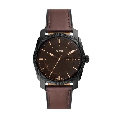 Machine Three-Hand Date Brown Leather Watch - FS5901 - Fossil