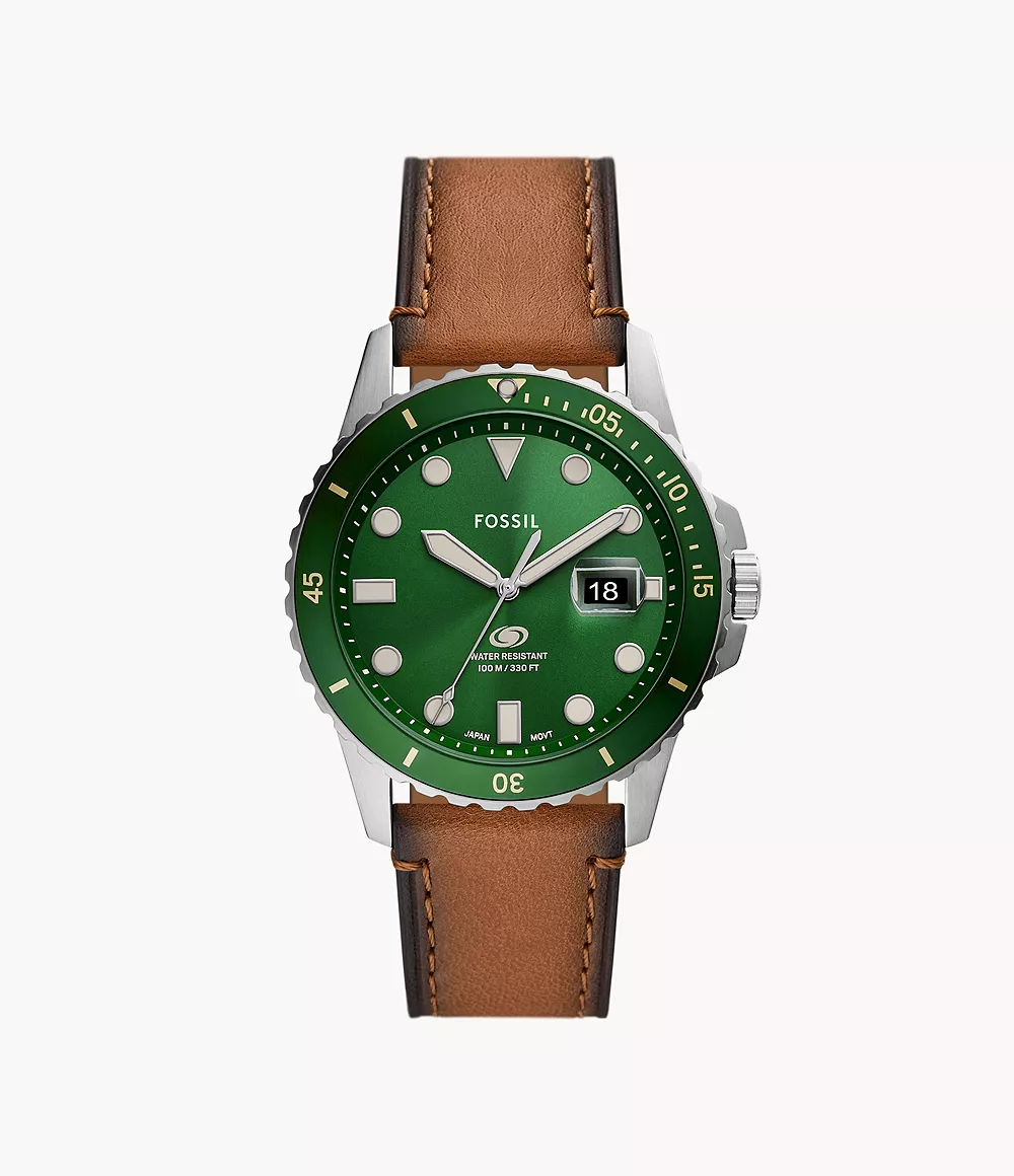 Image of Blue Dive Three-Hand Date Tan LiteHide™ Leather Watch