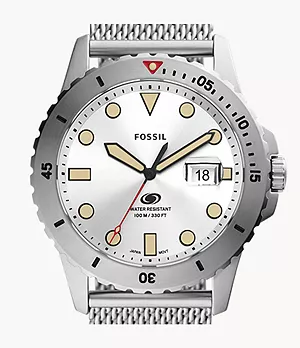 Fossil Blue Three-Hand Date Stainless Steel Mesh Watch