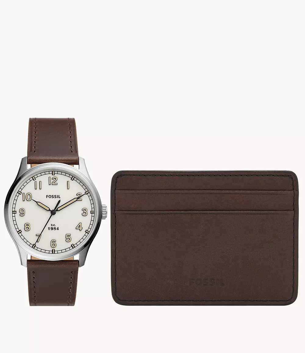Fossil Men Dayliner Three-Hand Brown Leather Watch and Wallet Box Set
