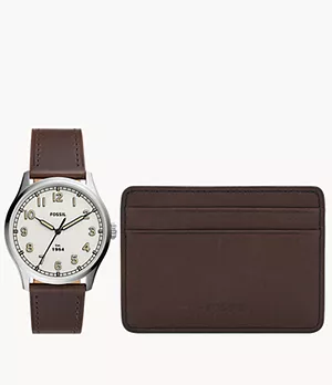 Coffret avec montre Dayliner à trois aiguilles et portefeuille en cuir brun