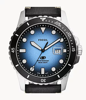Reloj Fossil Blue de piel ecológica en color negro con tres agujas y fecha