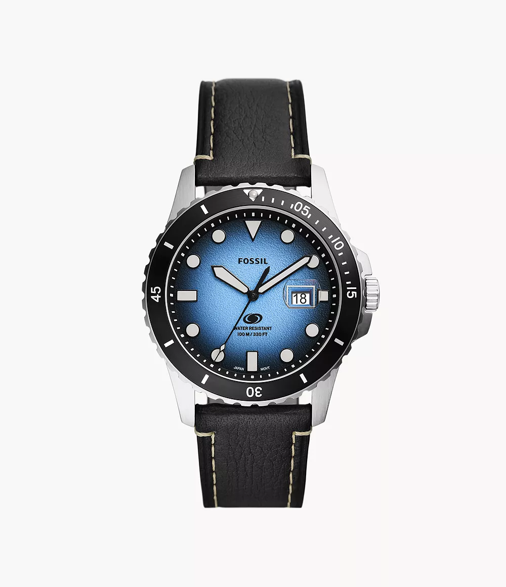 Fossil Men Fossil Blue Three-Hand Date Black Eco Leather Watch