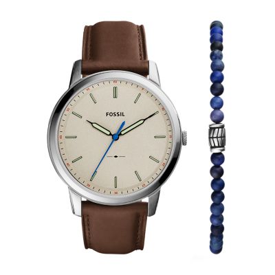 Minimalist Three-Hand Brown Eco Leather Watch and Bracelet Set - FS5966SET  - Fossil