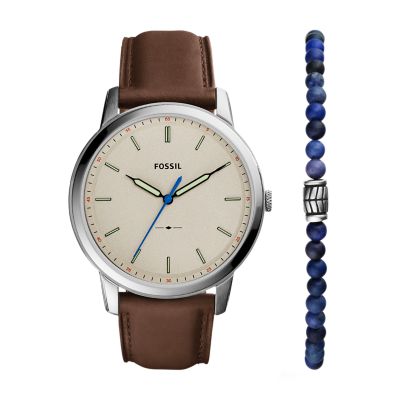 Fossil Men Minimalist Three-Hand Brown Eco Leather Watch and Bracelet Set
