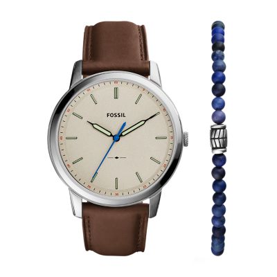 

Fossil Homme Coffret montre Minimalist à trois aiguilles en cuir écoresponsable brun avec bracelet