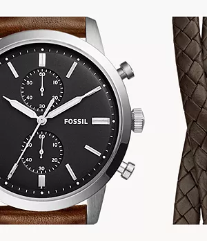 Coffret montre Townsman chronographe en cuir écoresponsable, brun, avec bracelet