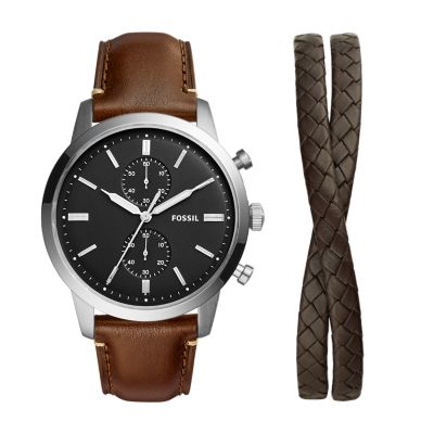 Fossil Men Townsman Chronograph Brown Eco Leather Watch and Bracelet Set