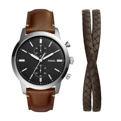 

Fossil Homme Coffret montre Townsman chronographe en cuir écoresponsable brun avec bracelet