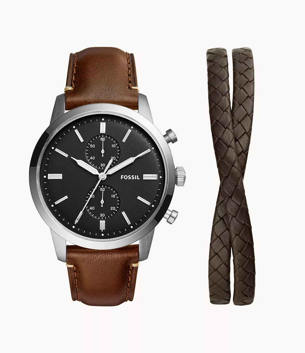 Fossil Homme Coffret montre Townsman chronographe en cuir écoresponsable  brun  avec bracelet