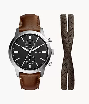 Conjunto con pulsera y reloj Townsman de piel ecológica marrón con cronógrafo