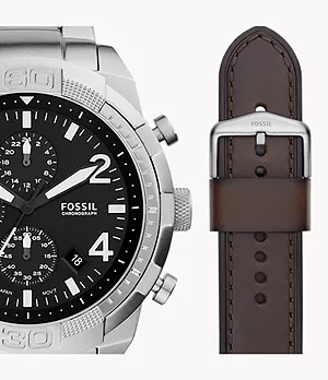Coffret montre Bronson chronographe en acier inoxydable, avec bracelets interchangeables