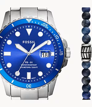 Set Uhr FB-01 3-Zeiger-Werk Datum Edelstahl Armband Beads Sodalith blau