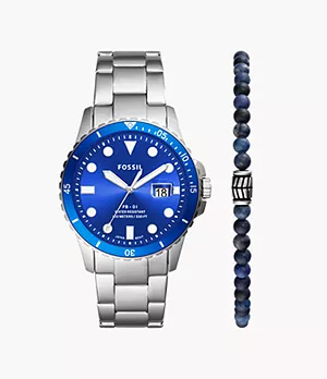 Set composto da bracciale con perline in sodalite blu e orologio FB-01 a tre sfere con datario e bracciale in acciaio