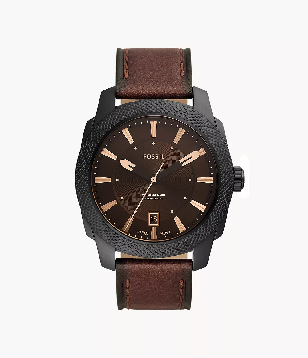 Machine Three-Hand Date Dark Brown Litehidetm Leather Watch
