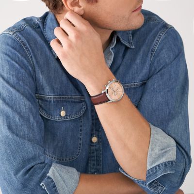 Fossil, Nate - Reloj para hombre con esfera de cronógrafo de gran tamaño y  correa de acero inoxidable o cuero