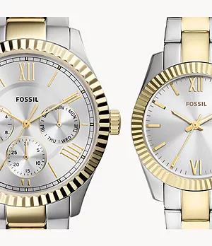 His and Hers Multifunction Two-Tone Stainless Steel Watch Set